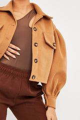 Camel Cropped Balloon Sleeve Shacket - Lexia-Shacket
