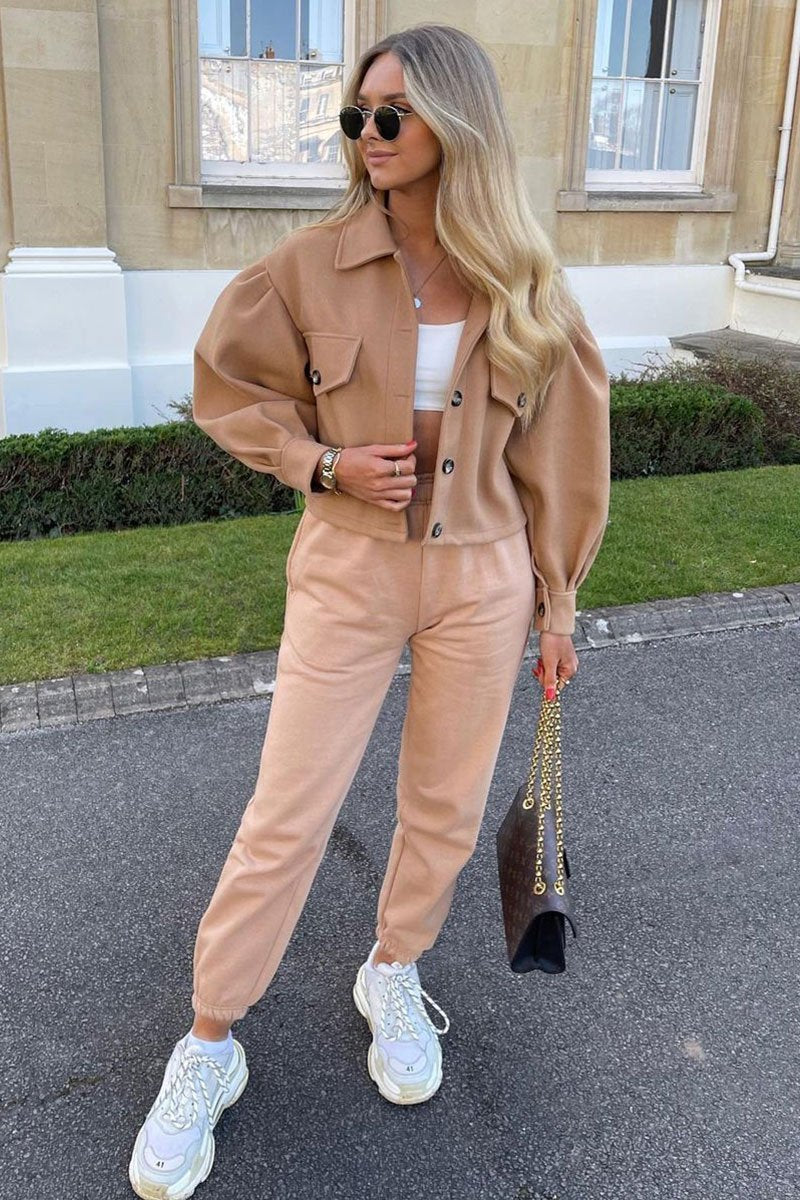Camel Cropped Balloon Sleeve Shacket - Lexia-Shacket