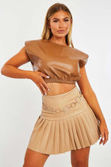 Camel Cropped Faux Leather Shoulder Pad Top - Kirrah-Tops