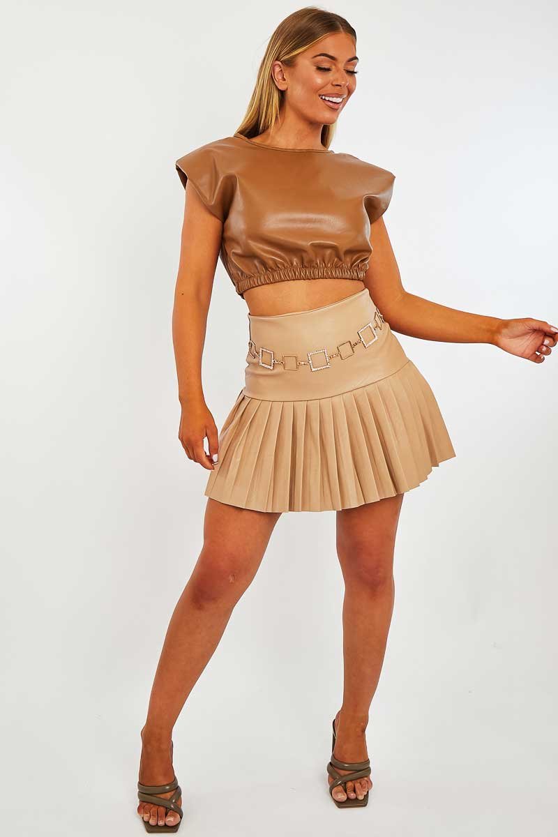 Camel Cropped Faux Leather Shoulder Pad Top - Kirrah-Tops