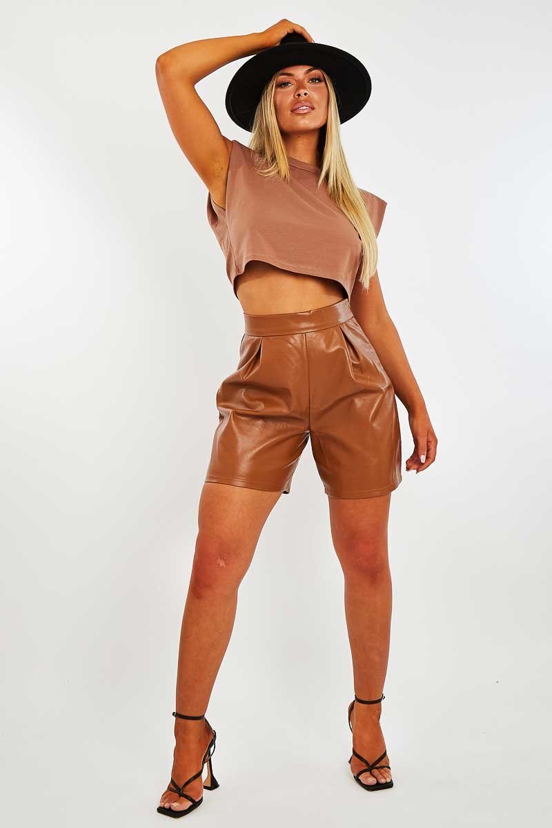 Camel Cropped Shoulder Pad T-shirt - Ivani-T-shirt