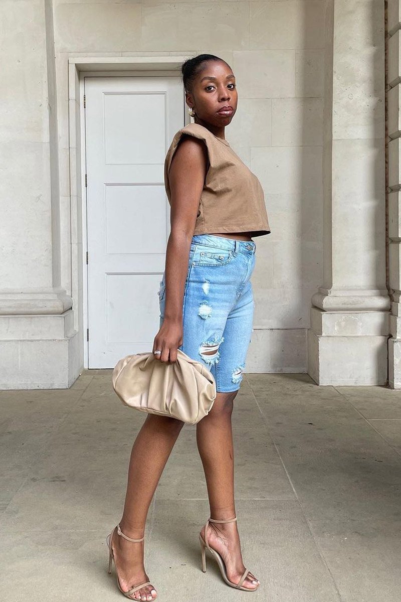 Camel Cropped Shoulder Pad T-shirt - Ivani-T-shirt