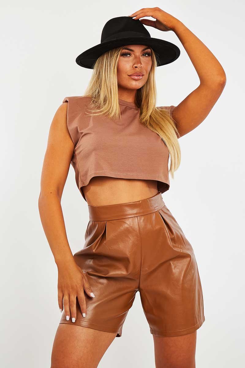 Camel Cropped Shoulder Pad T-shirt - Ivani-T-shirt