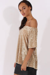 Camel Crushed Velvet Bardot Split Back Top - Geraldine-Tops