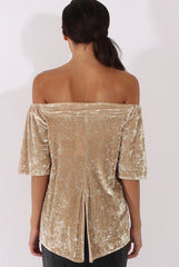 Camel Crushed Velvet Bardot Split Back Top - Geraldine-Tops