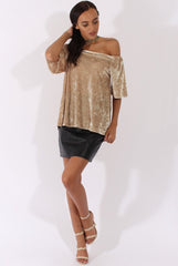 Camel Crushed Velvet Bardot Split Back Top - Geraldine-Tops