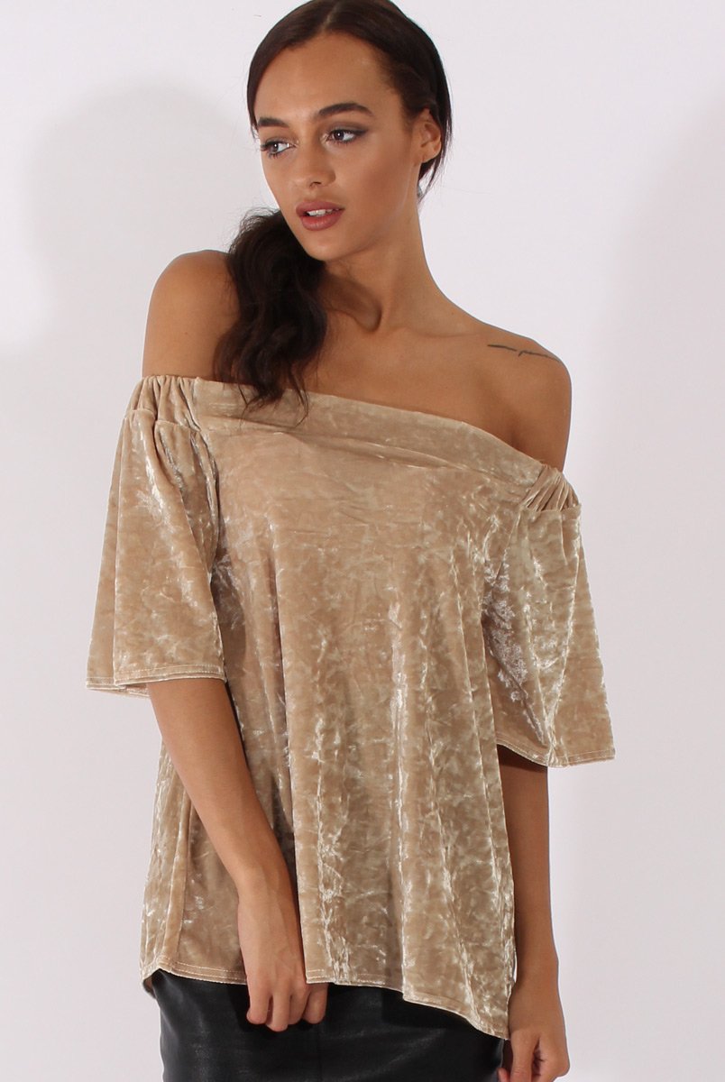 Camel Crushed Velvet Bardot Split Back Top - Geraldine-Tops