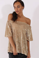 Camel Crushed Velvet Bardot Split Back Top - Geraldine-Tops
