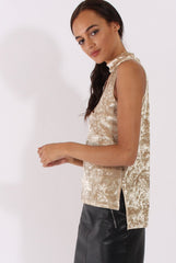 Camel Crushed Velvet Cut Out High Neck Top - Morgan-Tops