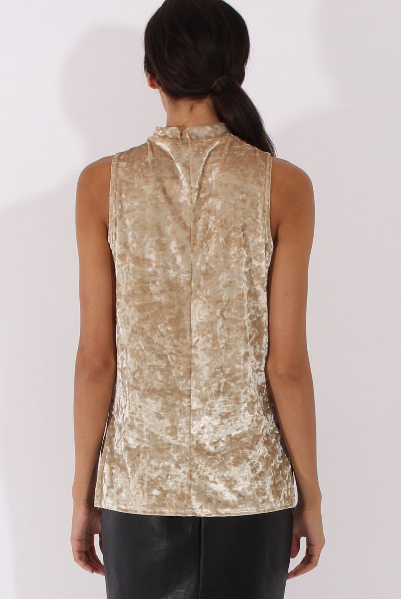 Camel Crushed Velvet Cut Out High Neck Top - Morgan-Tops