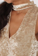 Camel Crushed Velvet Cut Out High Neck Top - Morgan-Tops