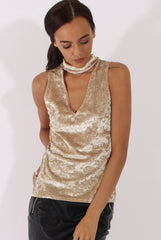 Camel Crushed Velvet Cut Out High Neck Top - Morgan-Tops