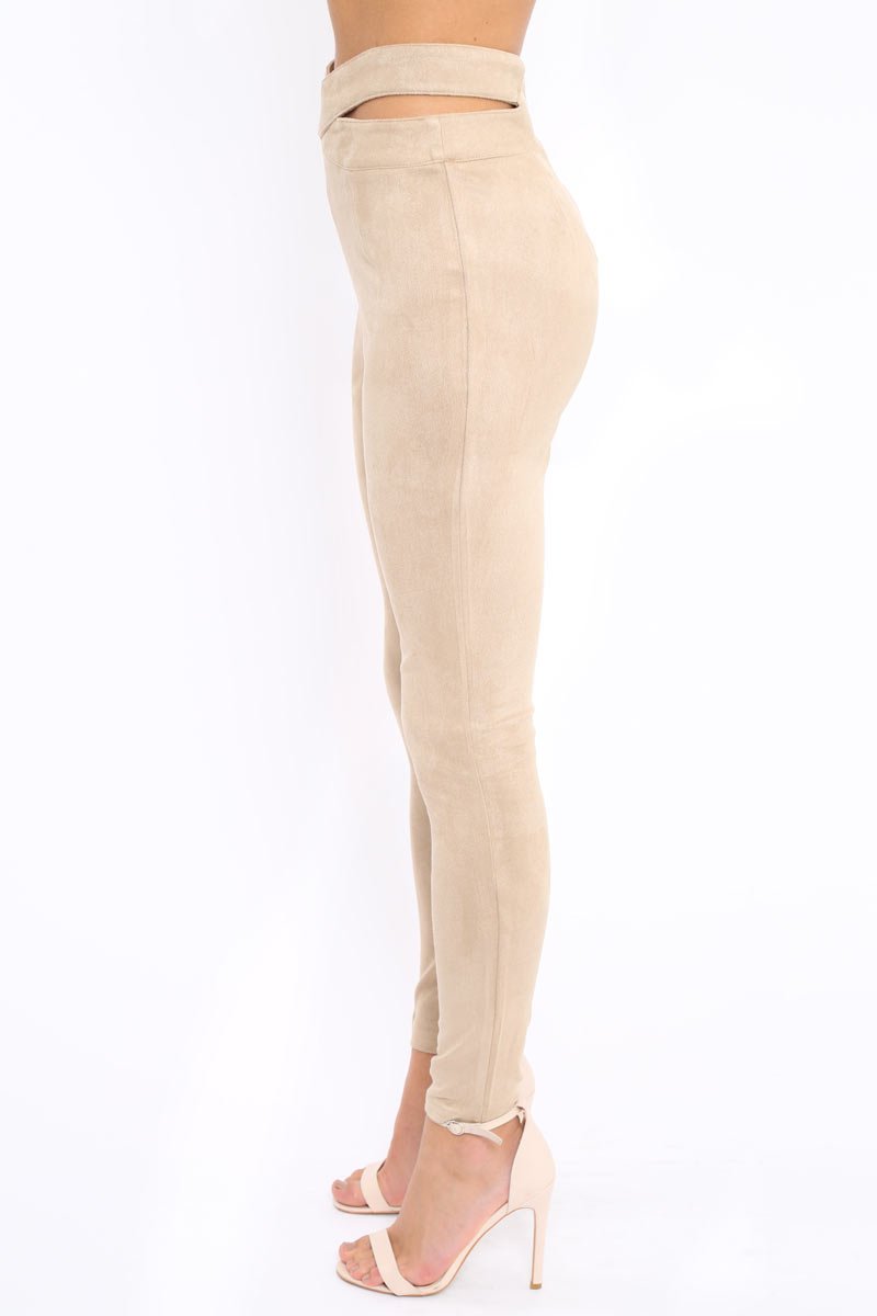Camel Cut Out Waist Suede Leggings - Anala-Trousers
