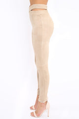 Camel Cut Out Waist Suede Leggings - Anala-Trousers