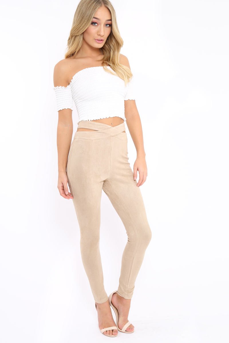 Camel Cut Out Waist Suede Leggings - Anala-Trousers
