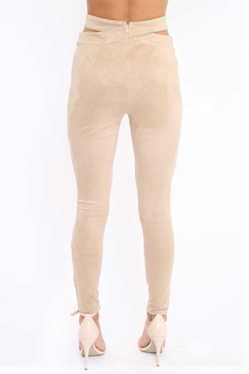 Camel Cut Out Waist Suede Leggings - Anala-Trousers