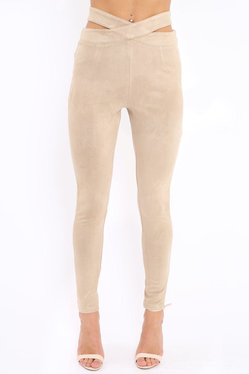 Camel Cut Out Waist Suede Leggings - Anala-Trousers