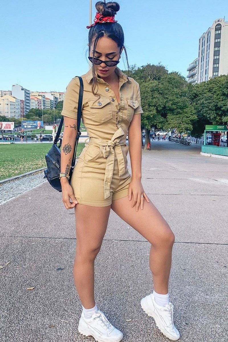 Camel Denim Button Front Belted Playsuit - Darlina-Playsuits