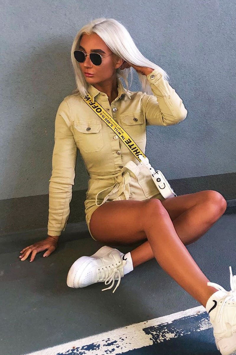 Camel Denim Long Sleeve Belted Playsuit - Jasslyn-Playsuits