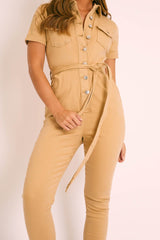 Camel Denim Short Sleeve Button Up Belted Waist Boilersuit - Stevie-Jumpsuits