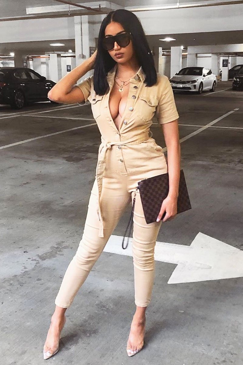 Camel Denim Short Sleeve Button Up Belted Waist Boilersuit - Stevie-Jumpsuits