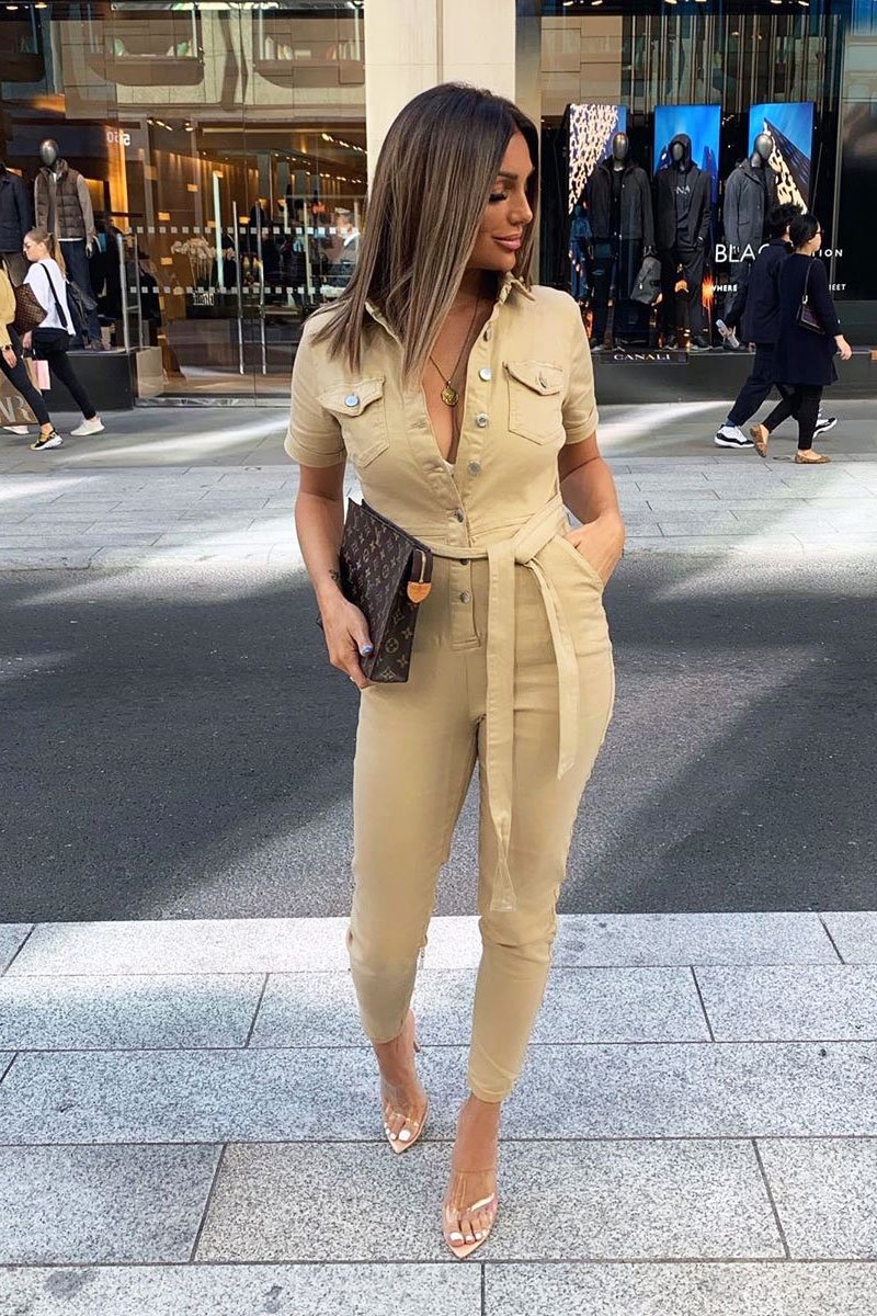 Camel Denim Short Sleeve Button Up Belted Waist Boilersuit - Stevie-Jumpsuits