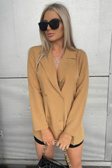 Camel Double Breasted Longline Blazer - Izelle-Blazers