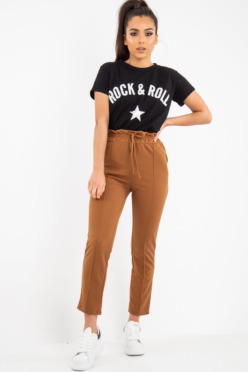 Camel Drawstring Seam Front Tailored Joggers - Lissie-Trousers