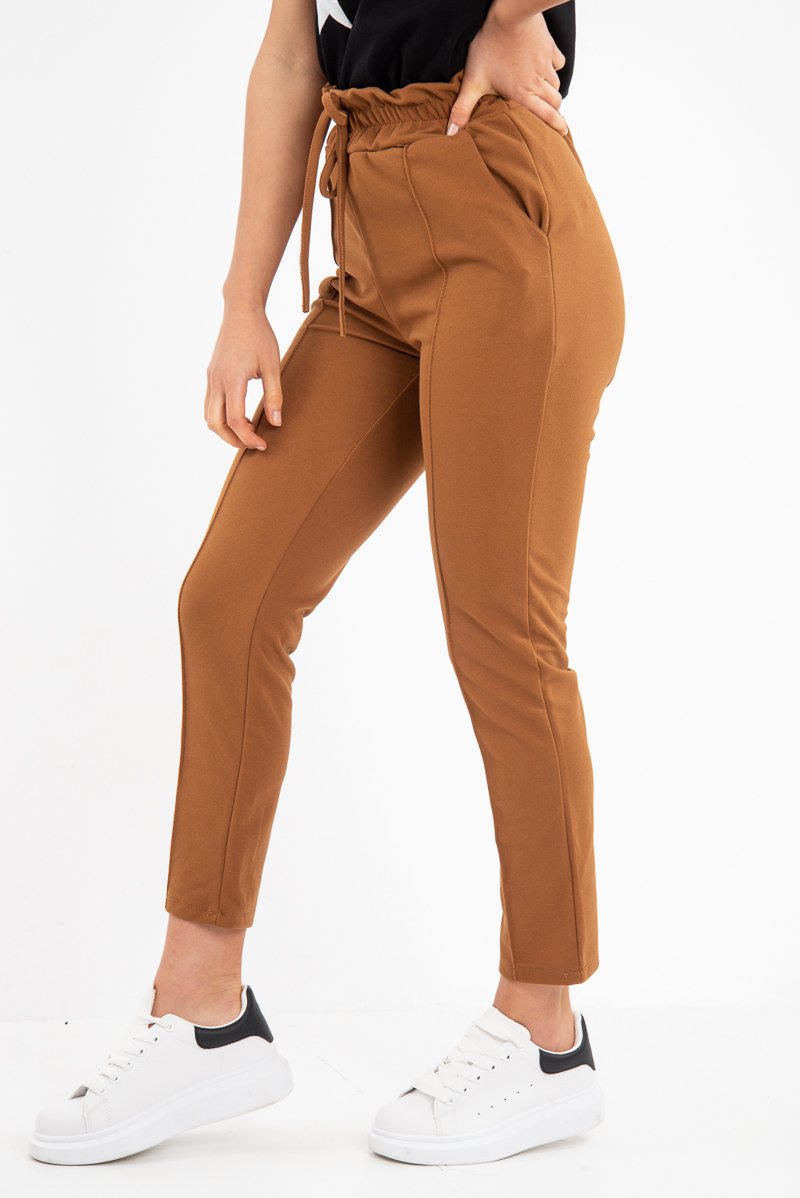 Camel Drawstring Seam Front Tailored Joggers - Lissie-Trousers