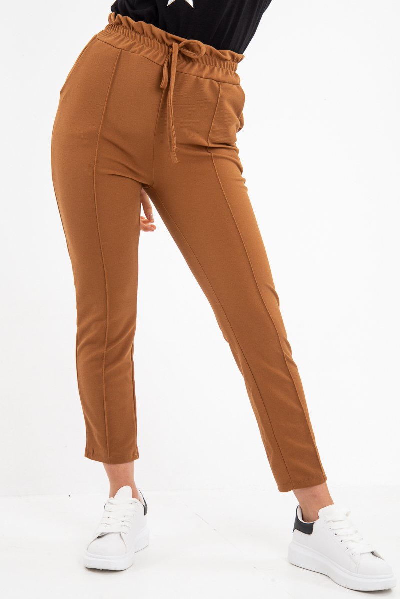 Camel Drawstring Seam Front Tailored Joggers - Lissie-Trousers