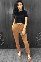 Camel Drawstring Seam Front Tailored Joggers - Lissie-Trousers