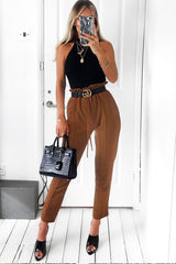 Camel Drawstring Seam Front Tailored Joggers - Lissie-Trousers