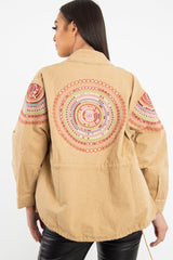 Camel Embroidered Sequin Parka Denim Jacket - Laicee-Jackets