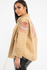 Camel Embroidered Sequin Parka Denim Jacket - Laicee-Jackets