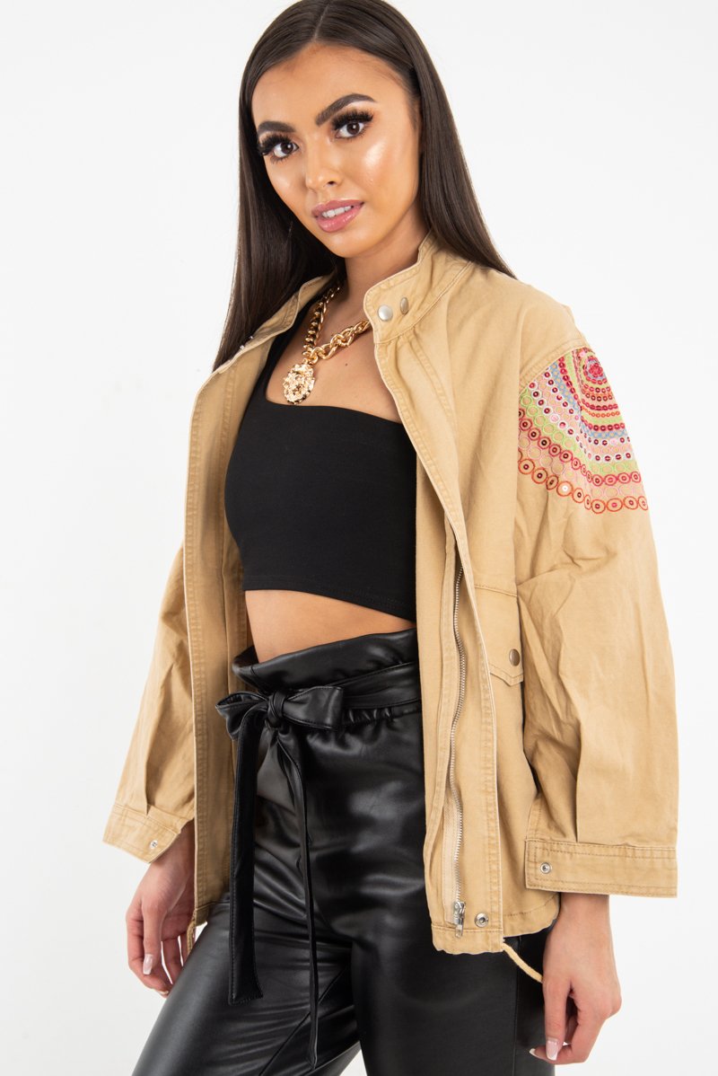Camel Embroidered Sequin Parka Denim Jacket - Laicee-Jackets