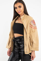 Camel Embroidered Sequin Parka Denim Jacket - Laicee-Jackets