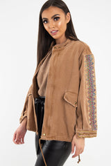 Camel Embroidered Sleeve Detail Denim Parka Jacket - Kaori-Jackets