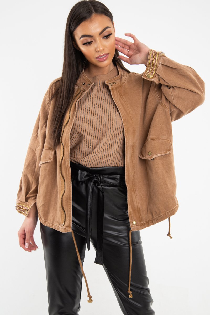 Camel Embroidered Sleeve Detail Denim Parka Jacket - Kaori-Jackets