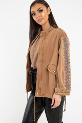 Camel Embroidered Sleeve Detail Denim Parka Jacket - Kaori-Jackets