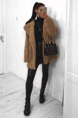 Camel Faux Fur Button Front Teddy Coat - Aamna-Coats