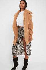 Camel Faux Fur Button Front Teddy Coat - Aamna-Coats