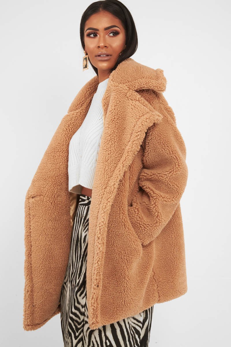 Camel Faux Fur Button Front Teddy Coat - Aamna-Coats