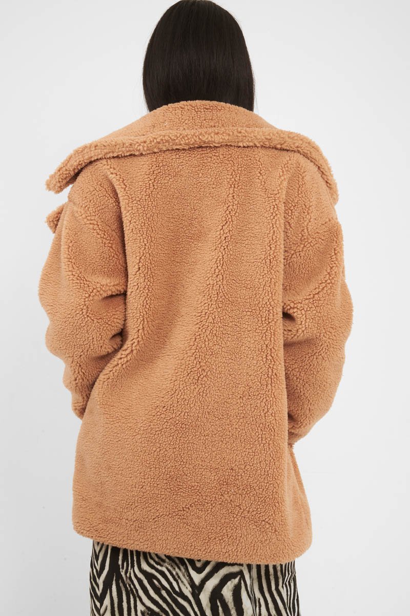Camel Faux Fur Button Front Teddy Coat - Aamna-Coats