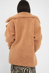 Camel Faux Fur Button Front Teddy Coat - Aamna-Coats