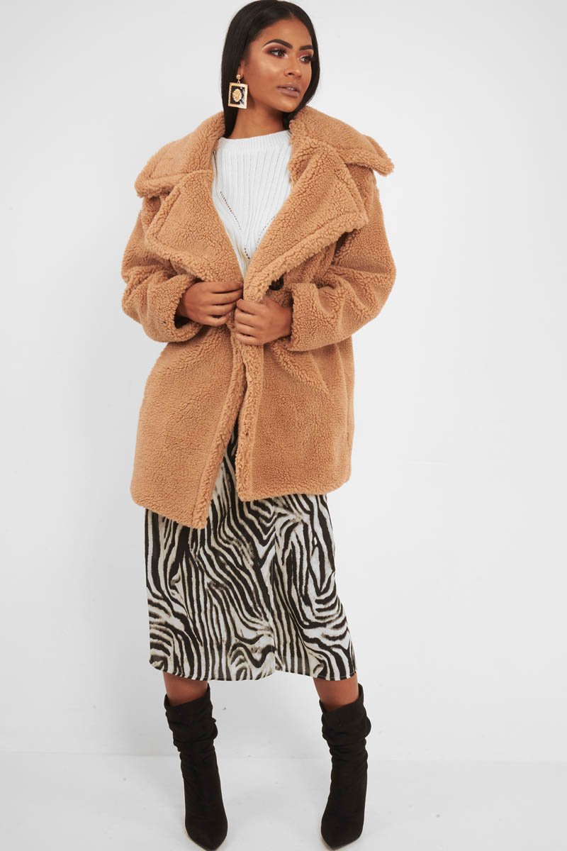 Camel Faux Fur Button Front Teddy Coat - Aamna-Coats