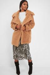 Camel Faux Fur Button Front Teddy Coat - Aamna-Coats