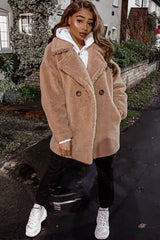Camel Faux Fur Button Front Teddy Coat - Aamna-Coats