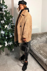 Camel Faux Fur Button Front Teddy Coat - Aamna-Coats