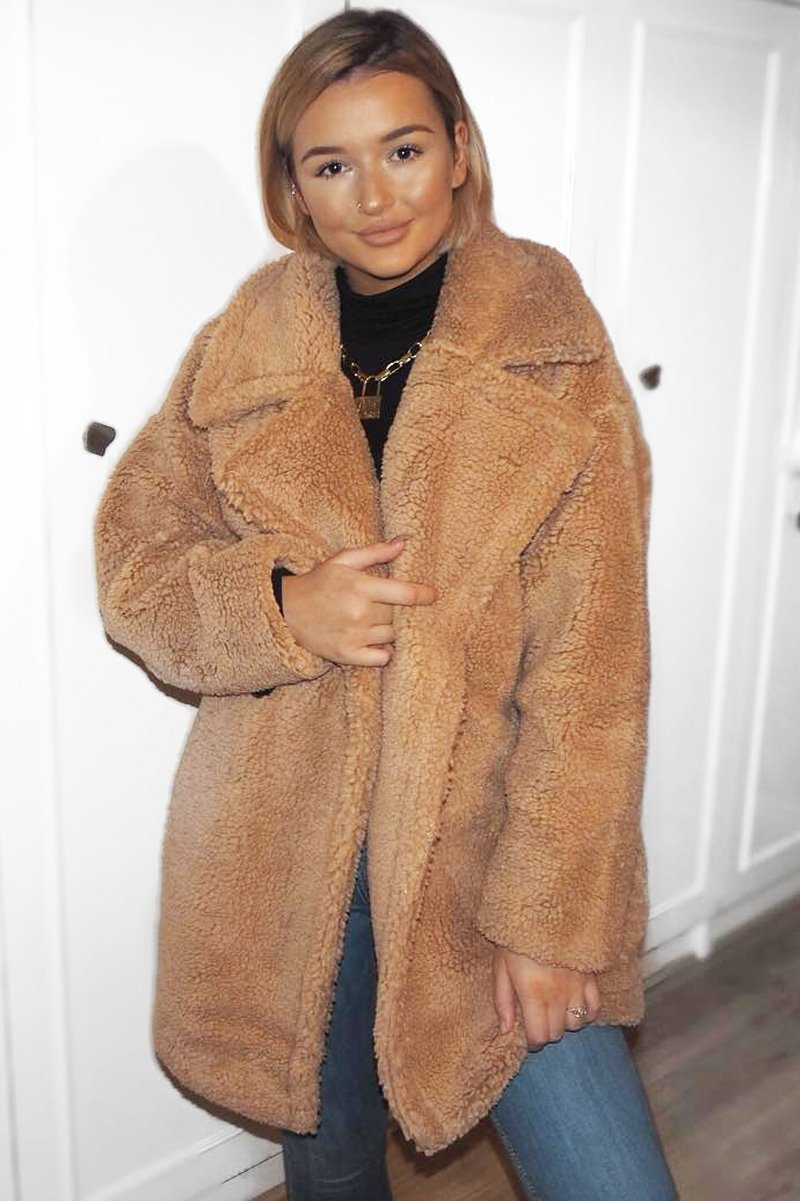 Camel Faux Fur Button Front Teddy Coat - Aamna-Coats