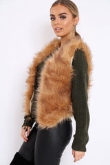 Camel Faux Fur Cropped Gilet - Nadia-Jackets